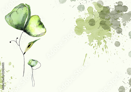 Watercolor invitations, cards with leaves, flowers, black lines, watercolor background, paint splatter, illustration. Design template for wedding invitation, decoration, banner, background.