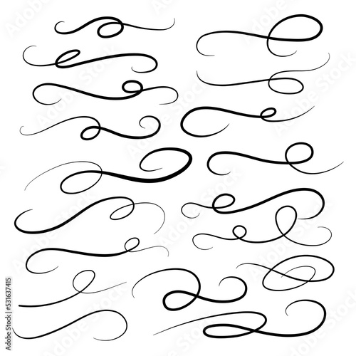 Calligraphic swoosh tail set, underline marker strockes. Sport logo typography elements. Texting letters tail for lettering. Vector illustration