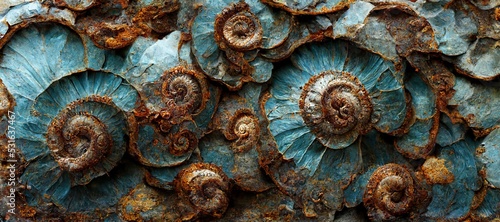 Elaborate and unique calcified ammonite sea shell spirals embedded into rock. Prehistoric fossilized beauty of an ancient past with colorful iridescent texture and surface patterns art. © SoulMyst