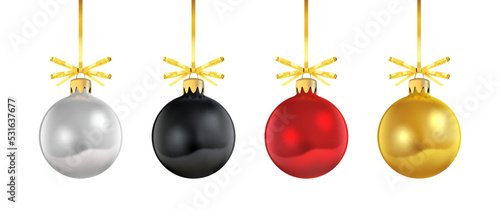 A set of Christmas balls, red, gold, silver and black with a gold bow.