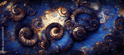 Elaborate and unique calcified ammonite sea shell spirals embedded into rock. Prehistoric fossilized beauty of an ancient past with colorful iridescent texture and surface patterns art. photo