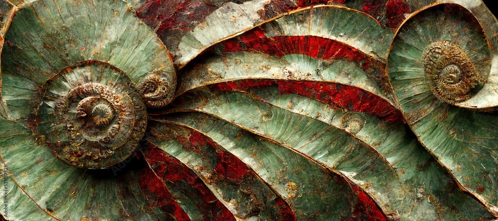 Elaborate and unique calcified ammonite sea shell spirals embedded into rock. Prehistoric fossilized beauty of an ancient past with colorful iridescent texture and surface patterns art. Elaborate and unique calcified ammonite sea shell spirals embedded into rock. Prehistoric fossilized beauty of an ancient past with colorful iridescent texture and surface patterns art.