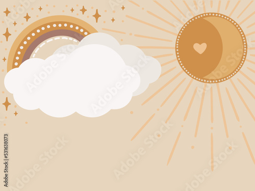 Cute bohemian background for kids. Boho kids, vector illustration with rainbow, sun, stars and clouds.