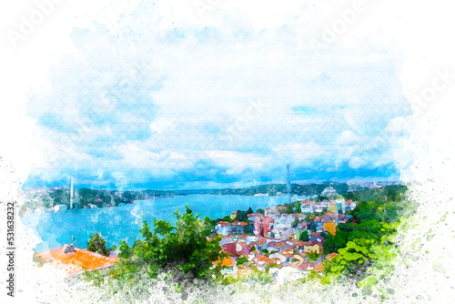 Watercolor Istanbul Bosphorus bridge with Marmara sea in Turkey, watercolor painting seaside with buildings, blue sea and cloudy sky photo