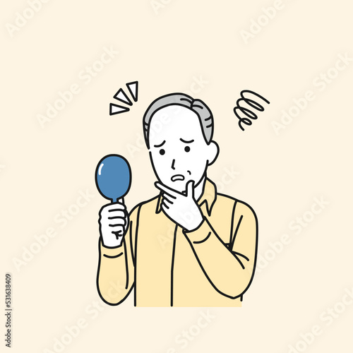 薄毛や脱毛を気にする中年の男性　AGA　ハゲ　老化　髪の毛　イラスト