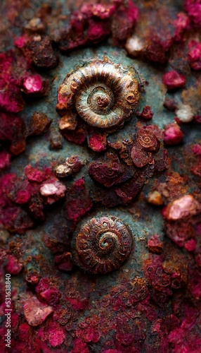 Elaborate and unique calcified ammonite sea shell spirals embedded into rock. Prehistoric fossilized beauty of an ancient past with colorful iridescent texture and surface patterns art.