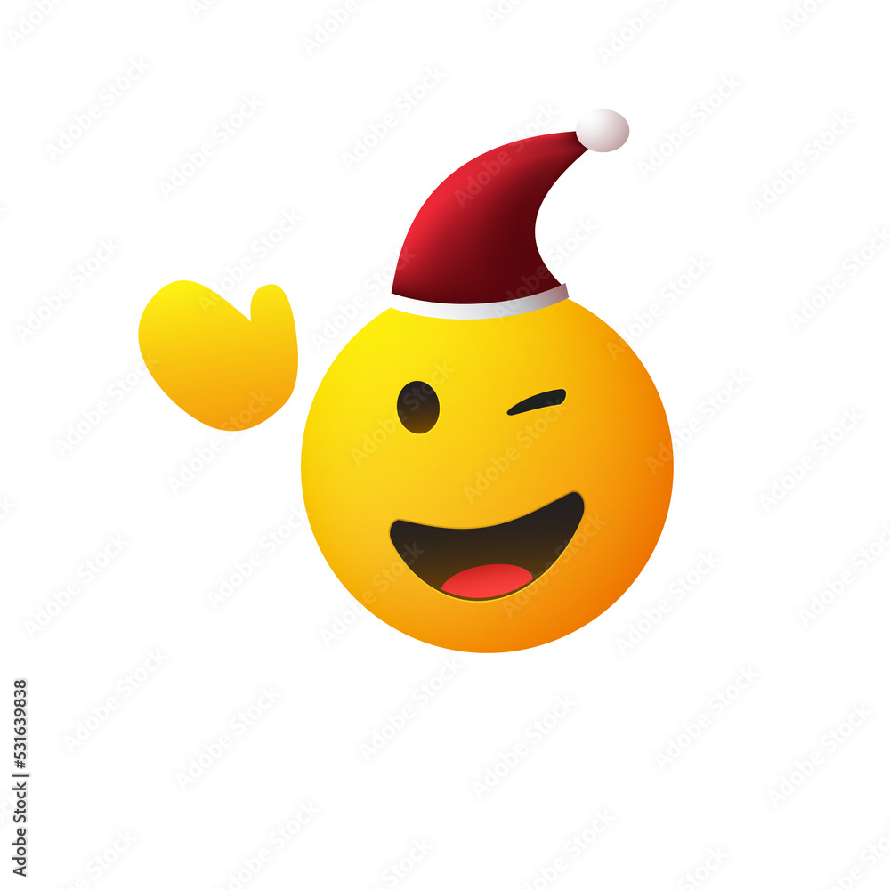 Merry Christmas! - Smiling and Winking Yellow Emoji with Red Santa Hat and Waving Hand - Simple Shiny Happy Emoticon, Head on Transparent Background Design Merry Christmas! - Smiling and Winking Yellow Emoji with Red Santa Hat and Waving Hand - Simple Shiny Happy Emoticon, Head on Transparent Background Design