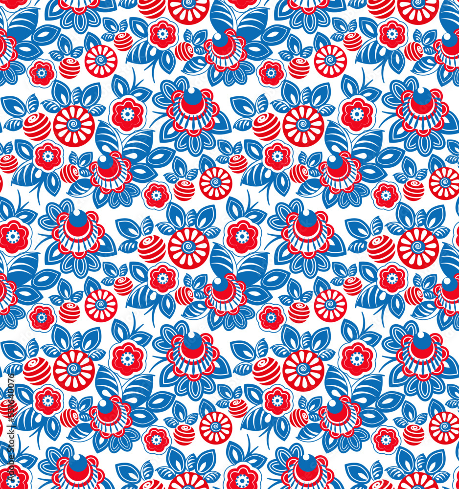 Gorodets painting. Seamless Pattern. Nesting Doll and Gorodets toys. Vector Illustration. Gorodets painting. Seamless Pattern. Nesting Doll and Gorodets toys. Vector Illustration.