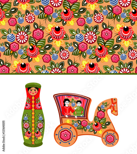 Gorodets painting. Seamless Pattern. Nesting Doll and Gorodets toys. Vector Illustration.