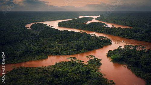 amazonas rainforest, tropical river landscape, fictional landscape created with generative ai photo