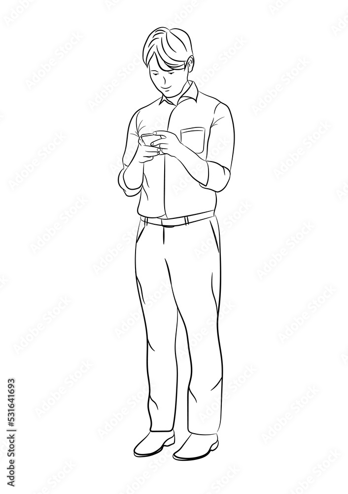 Drawing Black Outline Businessman standing and using the smartphone for connection technology isolated white background