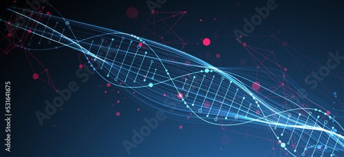 Abstract DNA background with plexus effect. Scientific and technological concept.