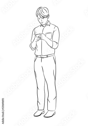 Drawing Black Outline Businessman standing and using the smartphone for connection technology isolated white background