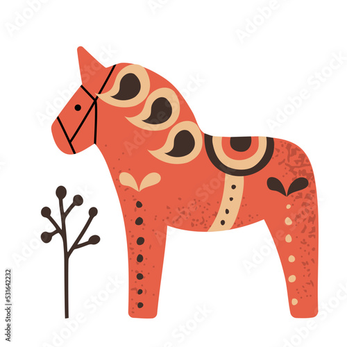 Hand drawn red Swedish Dala horse , isolated on white background vector illustration in flat style