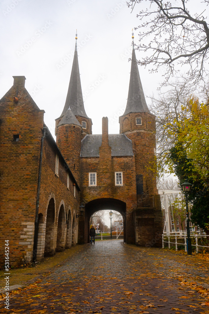 The Eastern gate in Delft ,  Brick Gothic northern European architecture gate and towers during autumn , winter : Delft , Netherlands : November 28 , 2019