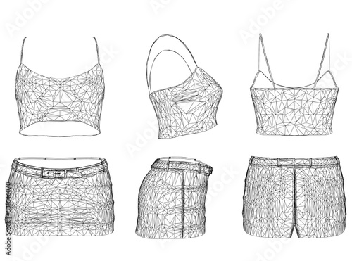 Set with a wireframe of a women's crop top with a short skirt made of black lines isolated on a white background. Front, side, back view. 3D. Vector illustration.