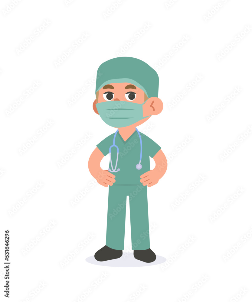 A man doctor or nurse wearing a mask in scrubs outfit illustration vector cartoon character design on white background. Medical concept. A man doctor or nurse wearing a mask in scrubs outfit illustration vector cartoon character design on white background. Medical concept.