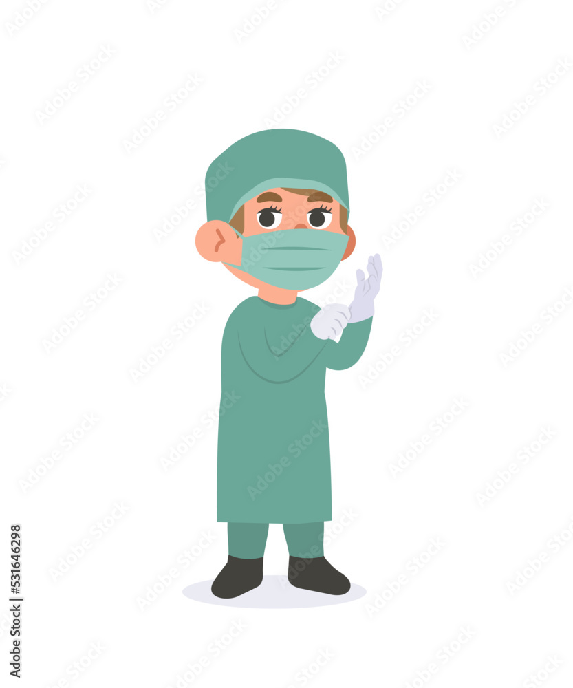 A woman doctor in surgical gown outfit illustration vector cartoon character design on white background. Medical concept.