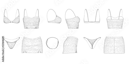 A set with a wireframe of women's clothing from black lines isolated on a white background. Front, side, back view. Women's panties, bra, skirt and top. 3D. Vector illustration.