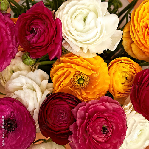Bright buttercup flowers bouquet top view closeup. A red, orange and white natural background.