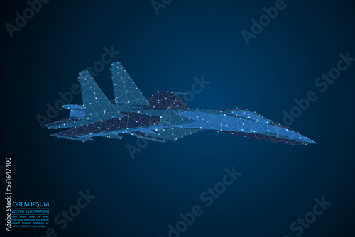 Fighter consisting of 3D triangles, lines, points and connections. Vector illustration of eps 10.