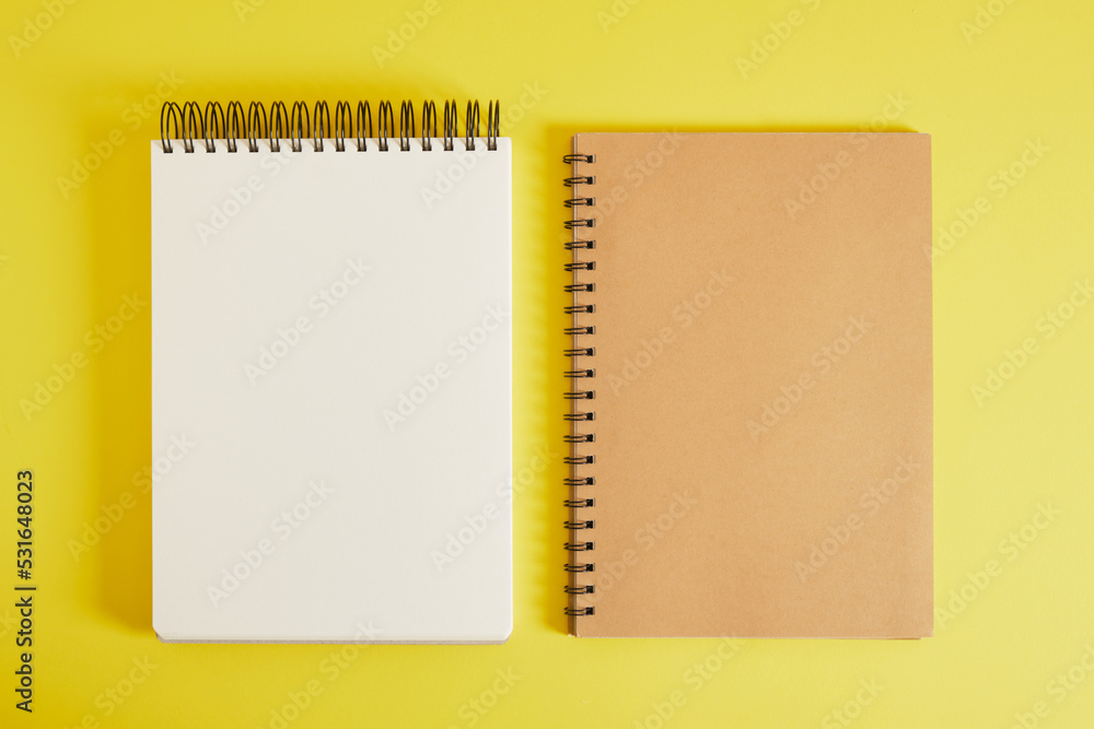 brown and white wasps in notepads with spirals yellow background mocap copy space top view brown and white wasps in notepads with spirals yellow background mocap copy space top view