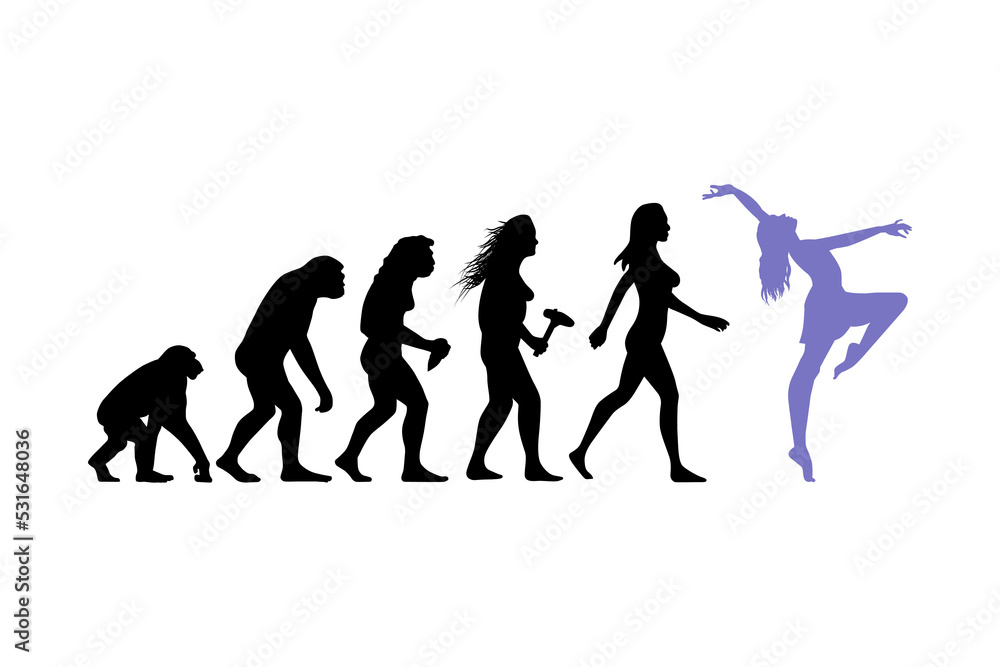 Theory of evolution of woman silhouette from ape to dancer. Vector illustration