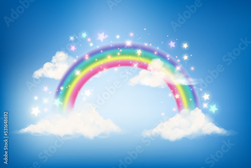 Fantasy rainbow unicorn background with clouds on blue sky. Magical landscape, abstract fabulous wallpaper with stars and sparkles. Arched realistic spectrum. Vector.