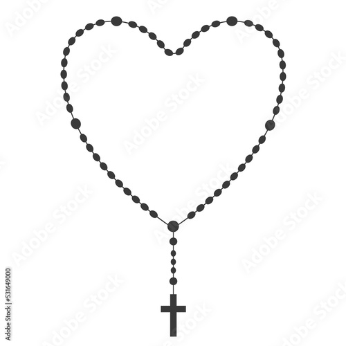 Rosary beads silhouette. Prayer heart shaped jewelry for meditation. Catholic chaplet with a cross. Religion symbol. Vector illustration.