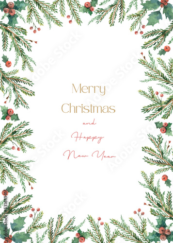 Watercolor vector Christmas card with fir branches with copy space.