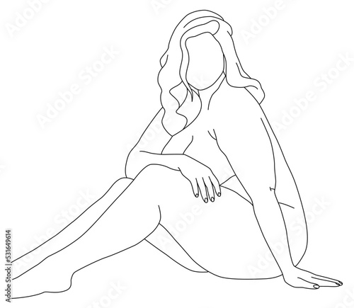 Fat girl posing in her underwear. Body-positive, large-sized women in underwear. For the design of underwear and swimwear, bathing suits. Linear art.