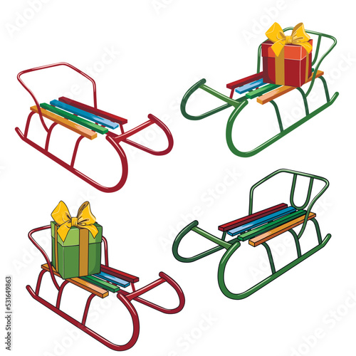 sled vector set, red and green realistic and cartoon sleds with gifts