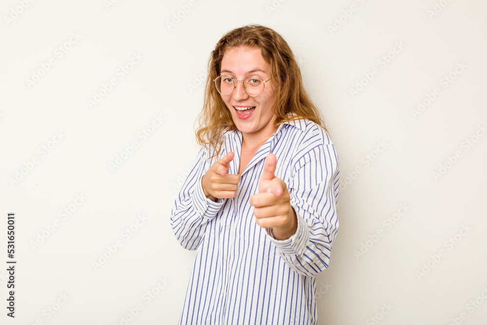 Young caucasian woman isolated on white background pointing to front with fingers. Young caucasian woman isolated on white background pointing to front with fingers.