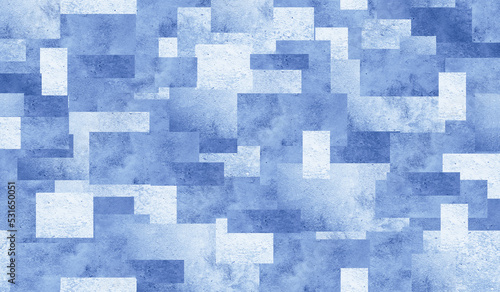 Blue white geometric abstract pattern. Seamless. Random light and dark color squares, rectangles or block. Background with space for design. Chaotic. Mosaic.