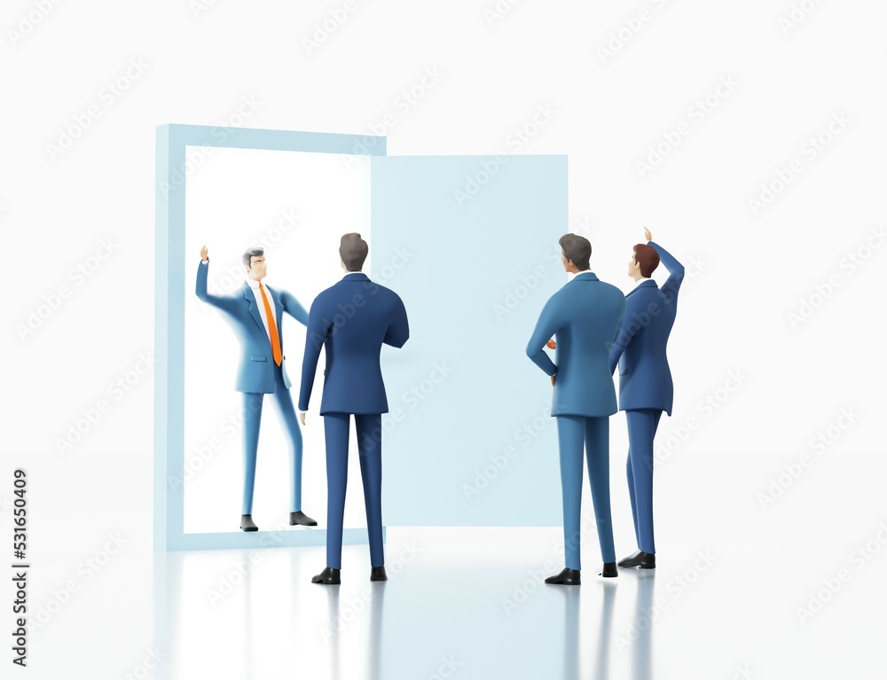 Group of business people in suits are talking infant of open door. 3D rendering illustration Group of business people in suits are talking infant of open door. 3D rendering illustration