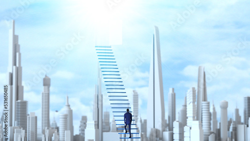Businessman climbing up the ladder of success in the big modern city. Business centre  with skyscrapers  office buildings and apartment blocks. 3D rendering illustration 