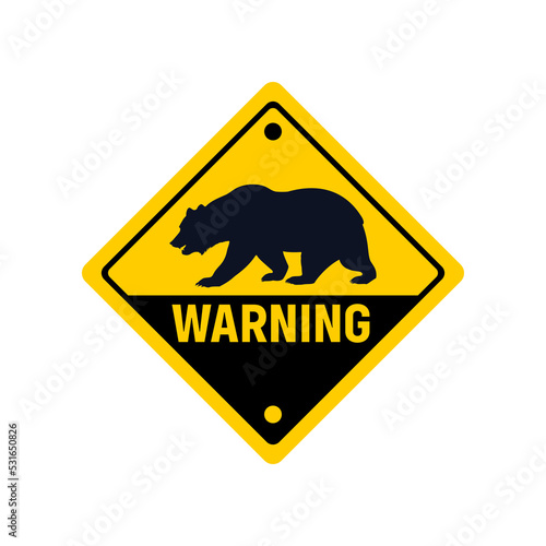 Bear Warning Sign or Bear Warning Symbol Plate Isolated on White Background. Bear hazard safety sign template. Caution wild dangerous animals. Bear warning sign.