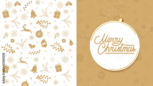 Merry Christmas card with decoration elements Banner, gold New Year Typographical on red Xmas background with winter landscape with snowflakes, light, stars. Merry Christmas card. Vector illustration 