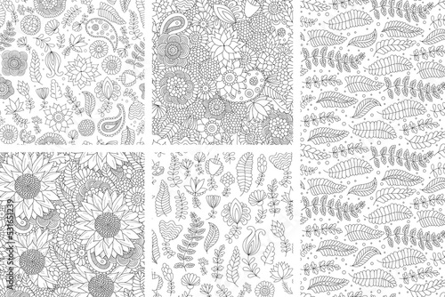 Set of seamless floral doodle backgrounds, black and white flowers, leaves, herbs and patterns