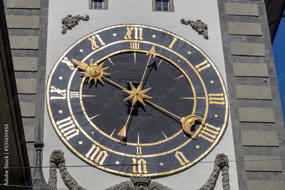 Detail in the Zytglogge clock tower, the close-up of the old big clock in Bern, Switzerland