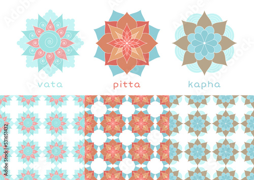 Doshas set, abstract symbols and seamless patterns, ayurvedic body type