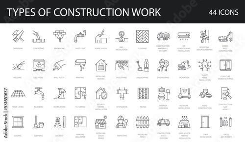 Set of 44 line icons related to different types of construction works. Kinds of building activities, occupation. Editable Stroke. outline collection. Repair, Renovation,  Work Tools,  Materials 