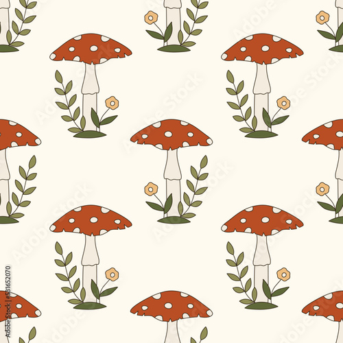 Seamless vector pattern with poisonous mushrooms in 70s art style. Retro groovy toadstool background. Cartoon amanita texture. Vintage boho illustration