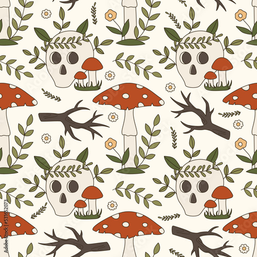 Seamless vector pattern with 70s psychedelic mystery forest objects. Background with woodland elements of skull, mushrooms and leaves. Cartoon witchcraft texture. Vintage boho illustration