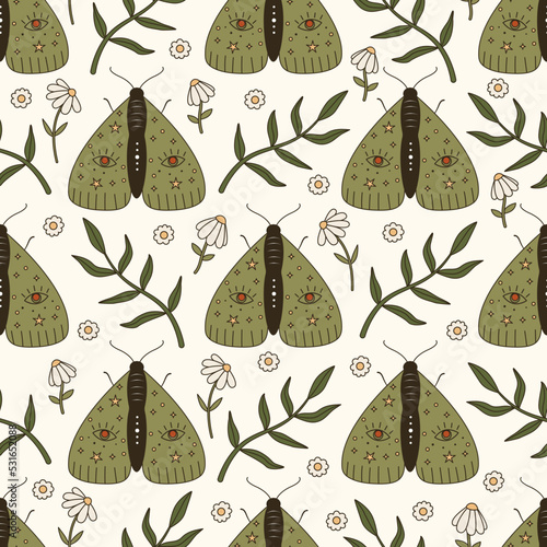 Seamless vector pattern with vintage butterflies. Background with magic moths with flowers, leaves and branches. Abstract insects woodland texture