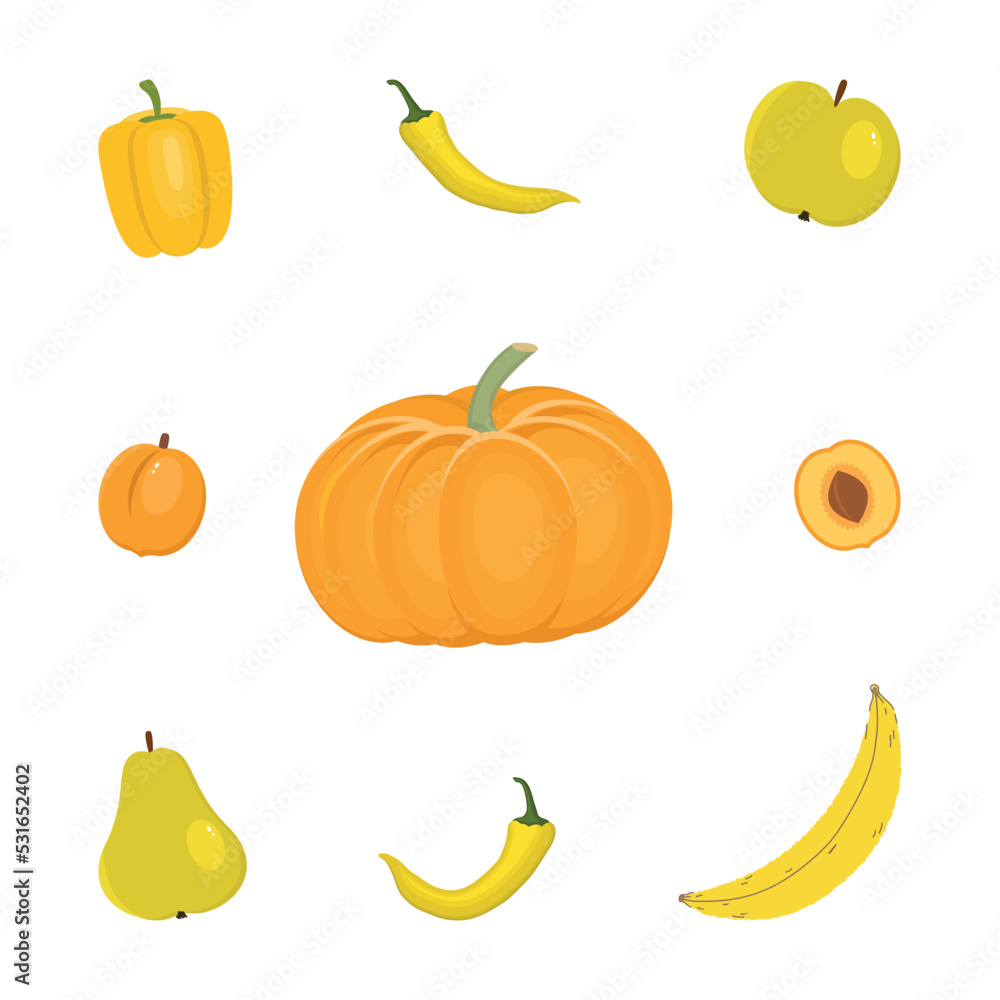 yellow vegetables and fruit, isolated on a white background. There is pumpkin, apple, apricot, pear, banana, pepper in the picture. Food icons. Vector illustration. yellow vegetables and fruit, isolated on a white background. There is pumpkin, apple, apricot, pear, banana, pepper in the picture. Food icons. Vector illustration.