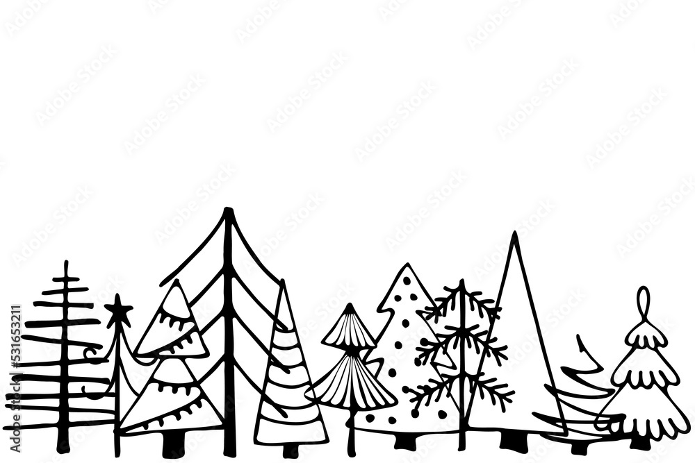 Forest of Christmas trees hand drawn on a white background. Graphic design for New Year card Forest of Christmas trees hand drawn on a white background. Graphic design for New Year card