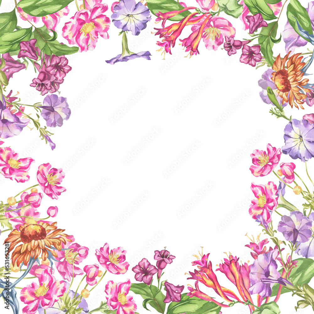 Watercolor illustration of garden flowers. Colorful flowers and leaves. Frames for the design of invitations and cards.