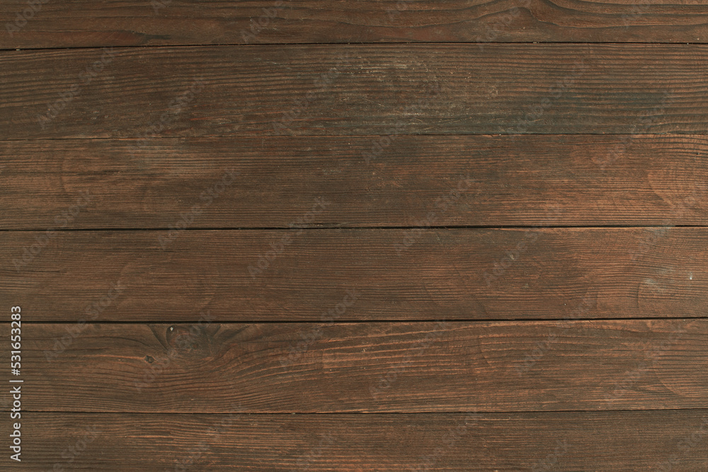 Obraz premium Vintage brown wood background texture with knots and nail holes. Old painted wood wall. Brown abstract background. Vintage wooden dark horizontal boards. Front view with copy space. Background for des