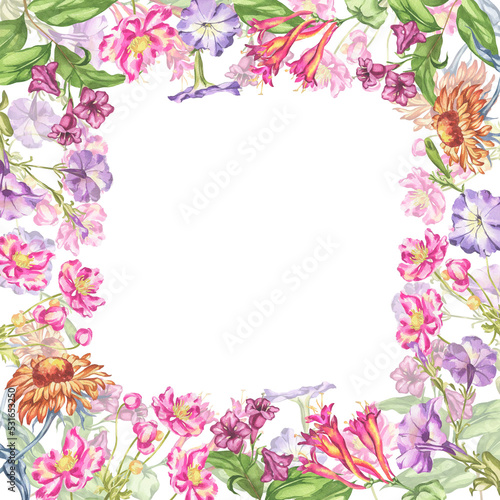 Watercolor illustration of garden flowers. Colorful flowers and leaves. Frames for the design of invitations and cards. © Svetlana